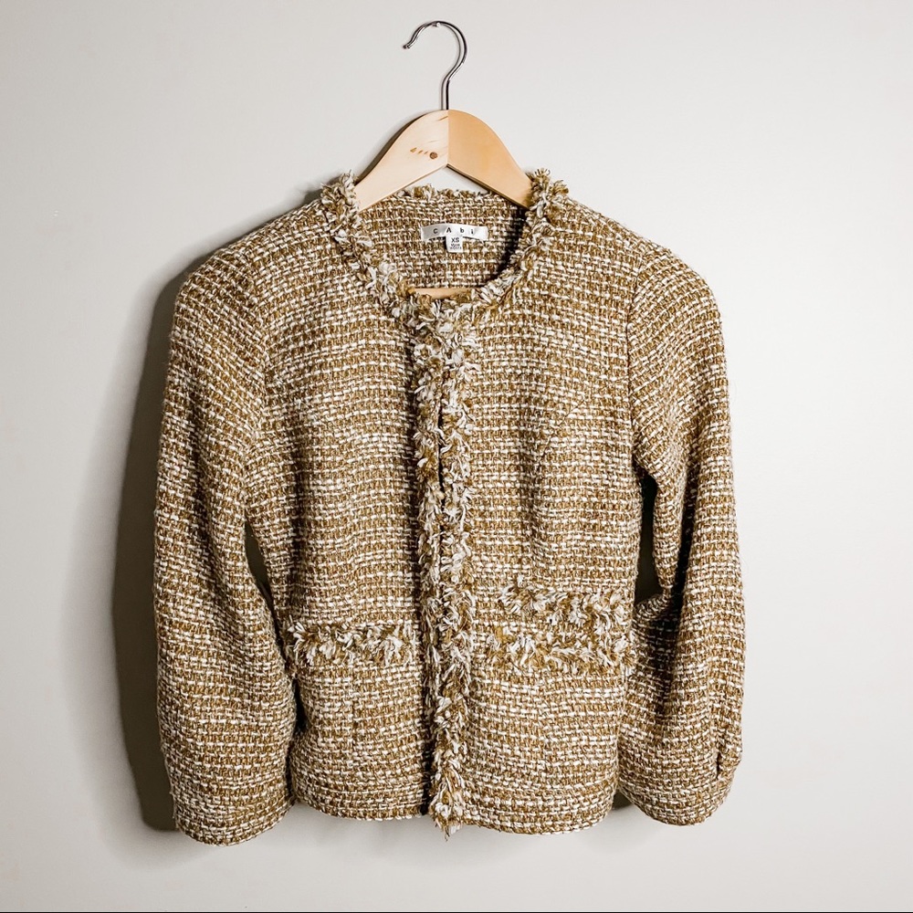 CAbi | Phoebe Basketweave Gold, Tan & White Blazer with Frayed Trim | X-Small